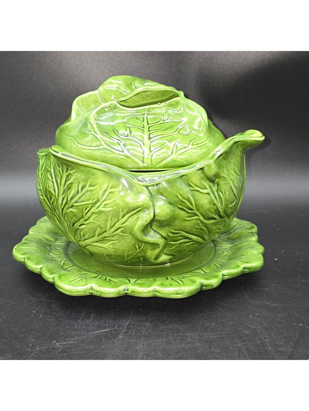 Vintage 1968 Holland Mold Ceramic Green Cabbage Soup Tureen 3-Pc Bowl Lid Plate